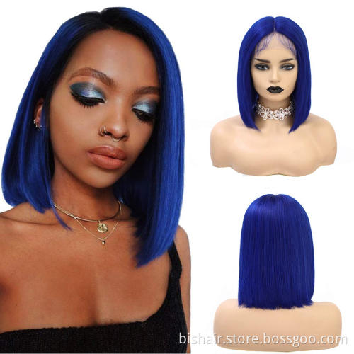 Short Blue Bob Human Hair Wig T Part Lace Front Blue Wigs Human Hair For Women Short Human Hair Bob Wig